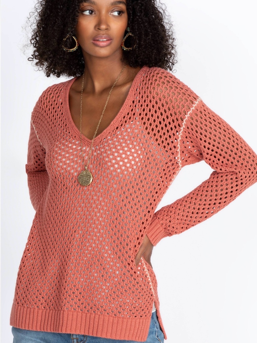 Johnny Was Theresa Crochet Sweater in Dusty Pink